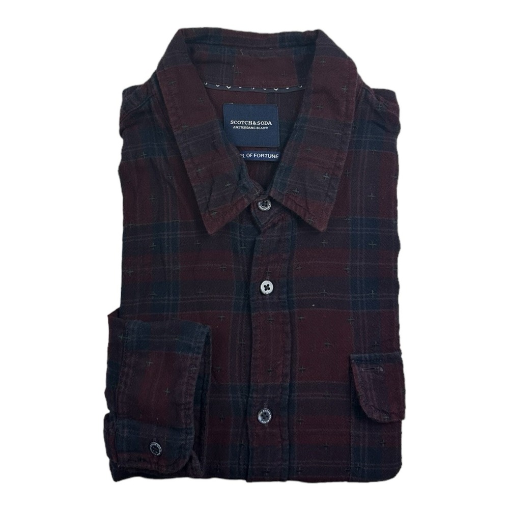 Scotch & Soda Blue Red Checked AOP Linen Blend Button Front Shirt Mens XL